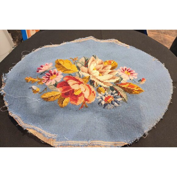Handmade Vintage Floral Needlepoint Tapestry Round 16x20" Antique Victorian Mult - Picture 1 of 12